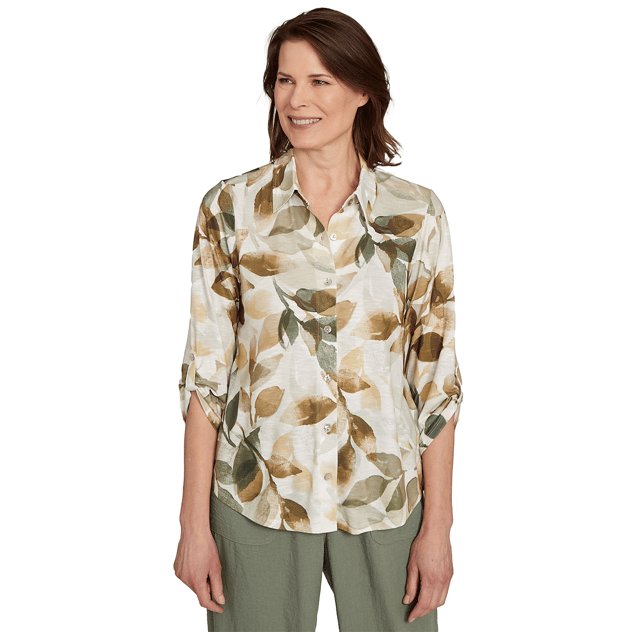 Womens Alfred Dunner Copper Canyon Roll Tab Leaf Button Down