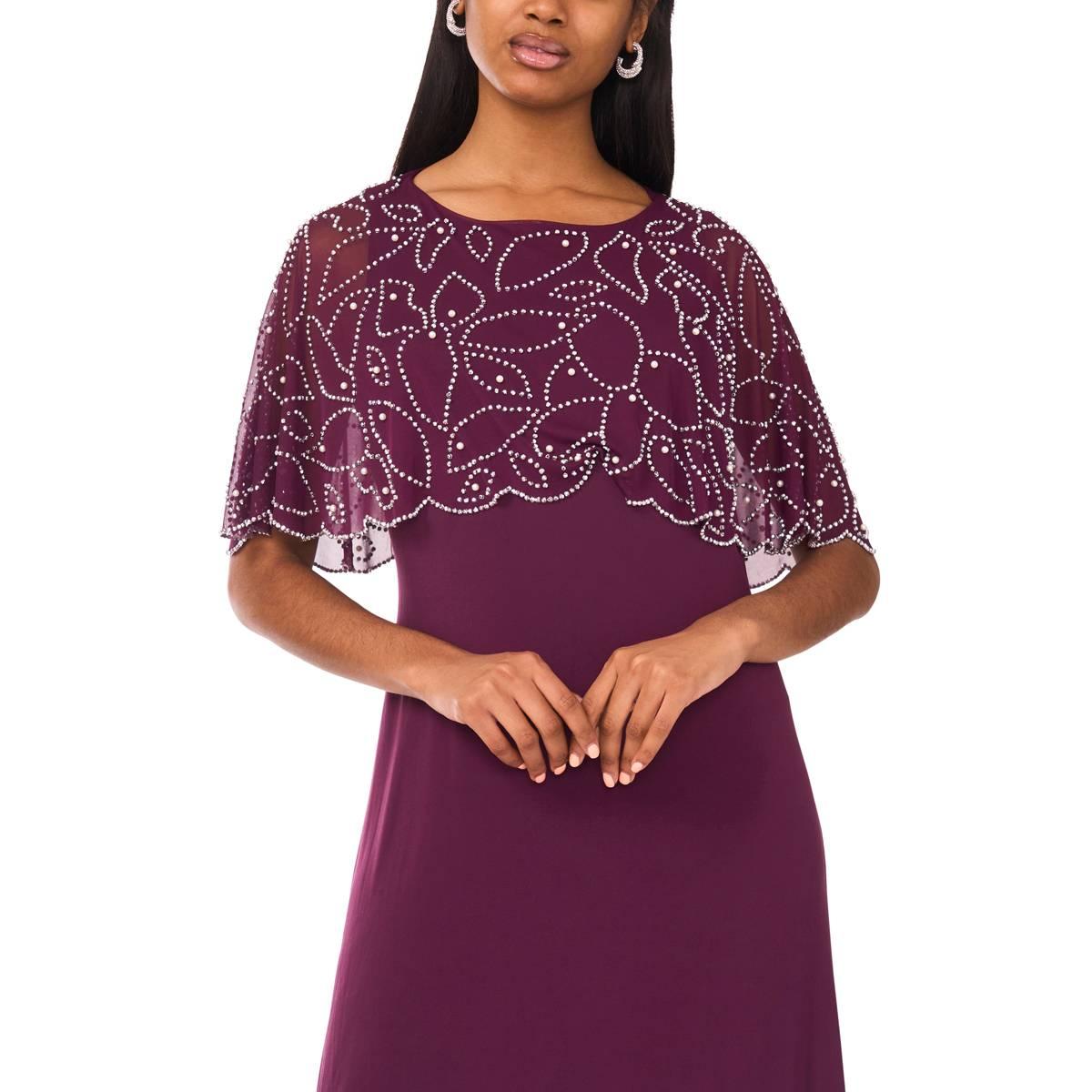 Petite MSK Asymmetric Beaded Capelet Evening Gown