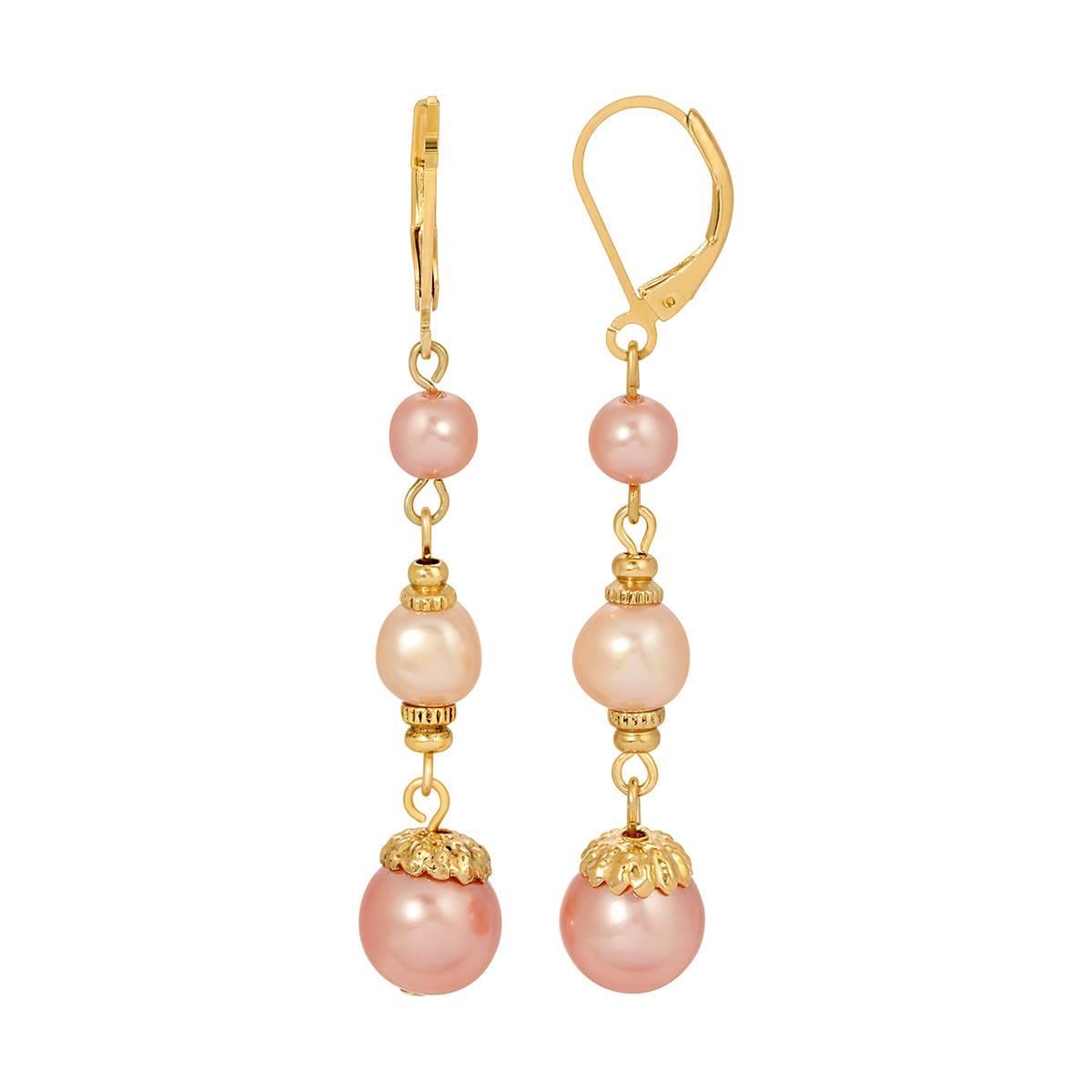 1928 Gold Tone Pink & White Drop Faux Pearl Earrings