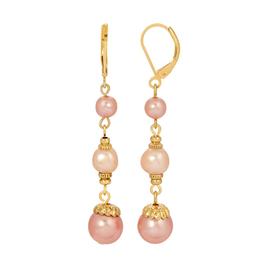 1928 Gold Tone Pink & White Drop Faux Pearl Earrings