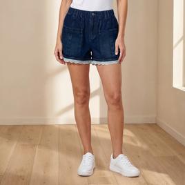 Womens MNK Oversized Pocket Lace Trim Hem High Waist Denim Shorts