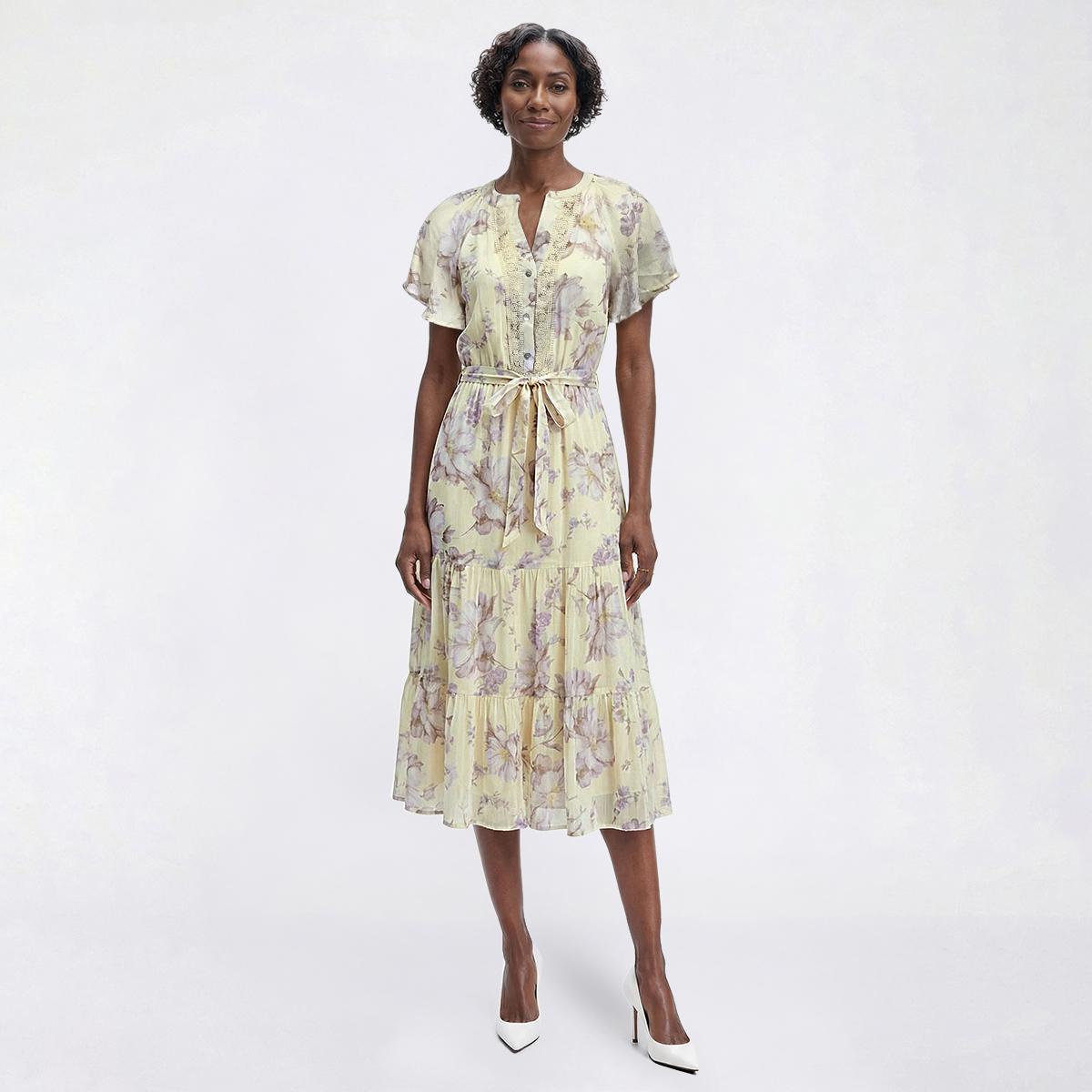 Womens Luxology Short Sleeve Split Neck Floral Tiered Midi Dress