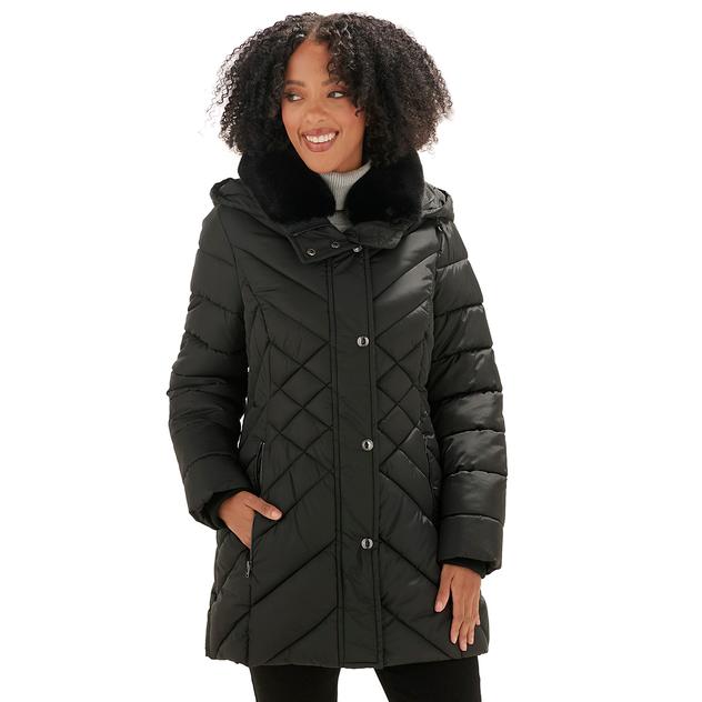 Petite London Fog Short Puffer Coat w/Faux Fur Collar