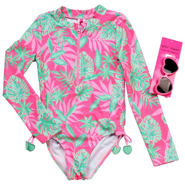 Girls (7-12) Betsey Johnson Long Sleeve Palm Print Swimsuit