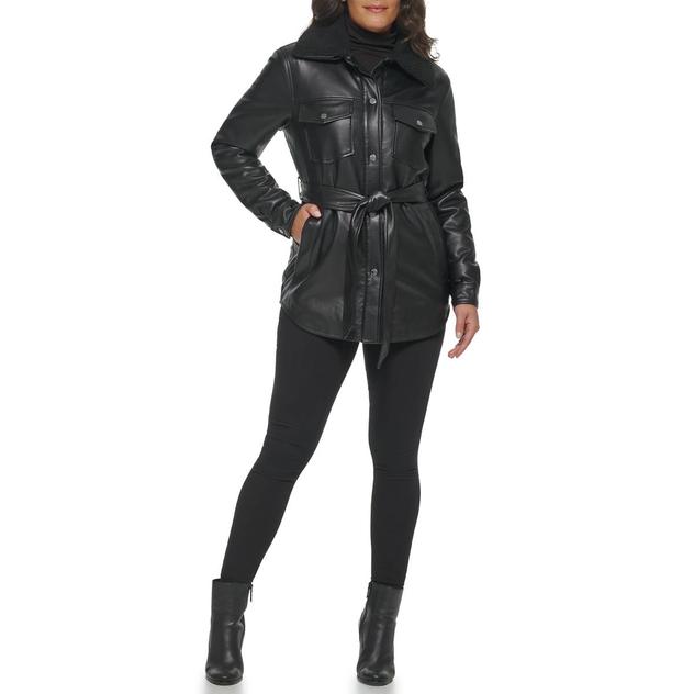 Womens Kenneth Cole® Belted Faux Leathe Jacket with Sherpa Collar