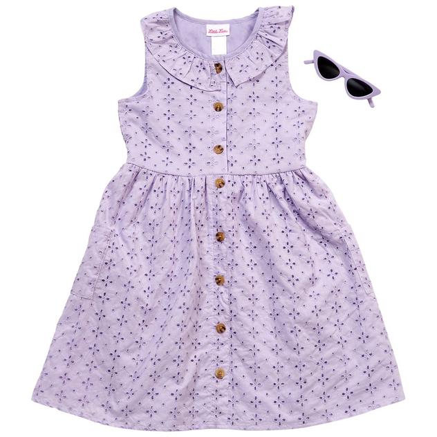 Girls (7-12) Little Lass® Flutter Sleeve Eyelet Dress w/ Sunglass