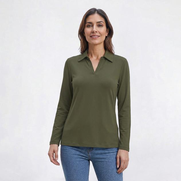 Womens Hasting & Smith Long Sleeve Solid Split Neck Pullover Tee
