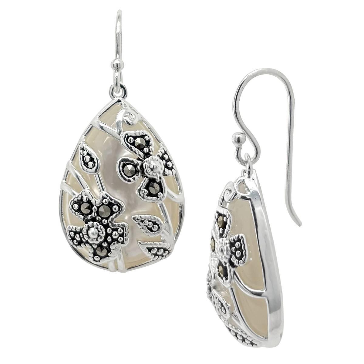Marsala Fine Silver Plated Marcasite & Mother of Pearl Earrings