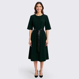 Womens Perceptions Elbow Sleeve w/ Faux Leather Belt A-Line Dress
