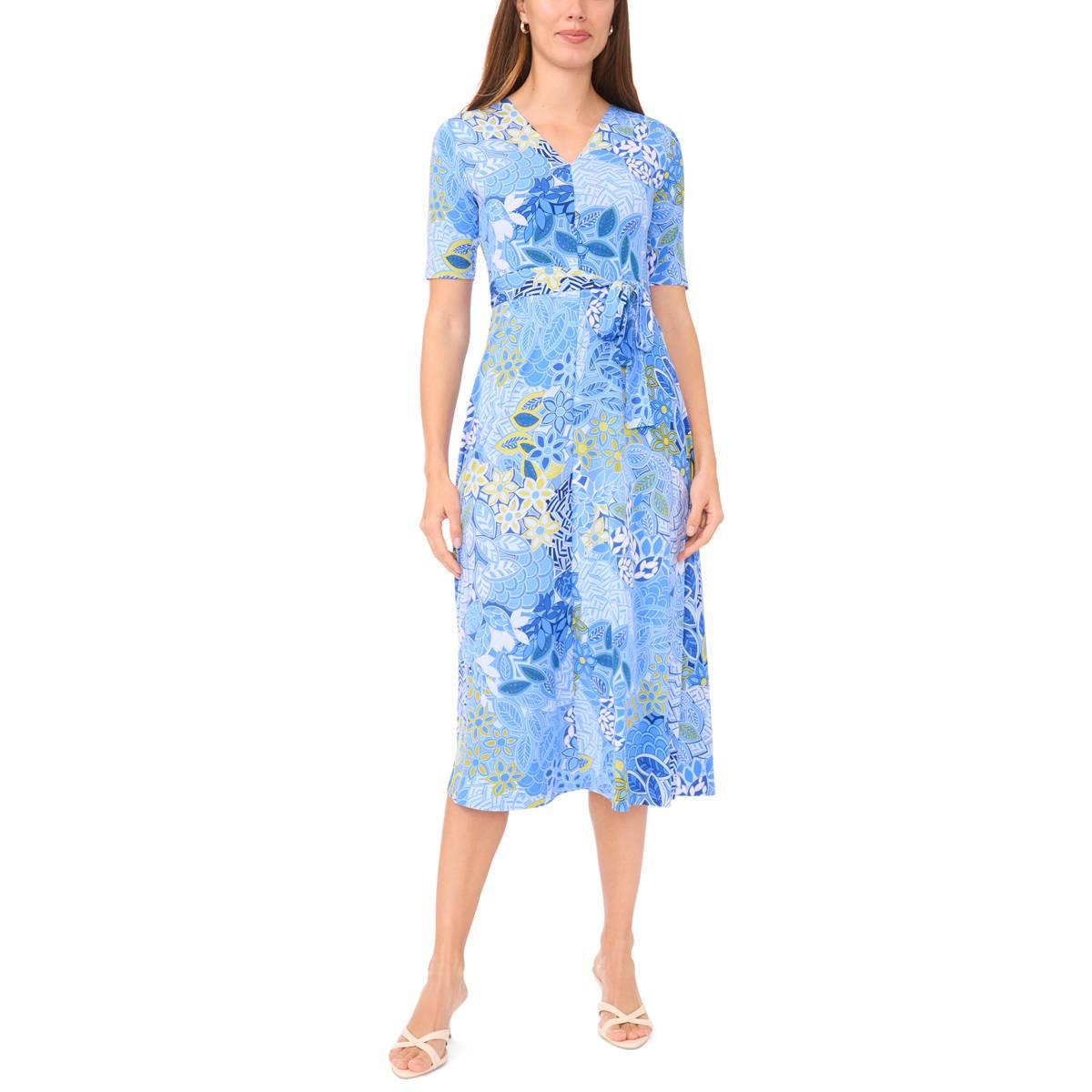 Womens MSK Short Sleeve Print Ity 1/2 Zip Neck Midi