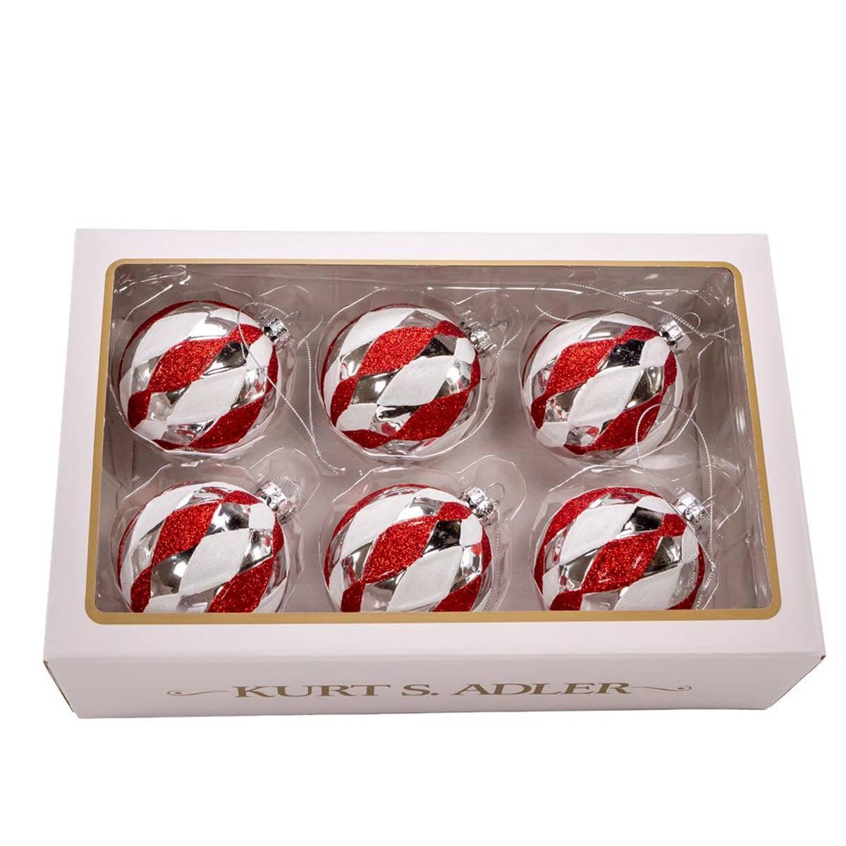 Kurt Adler 80mm Glass Red, White & Silver 6pc.Ball Ornament