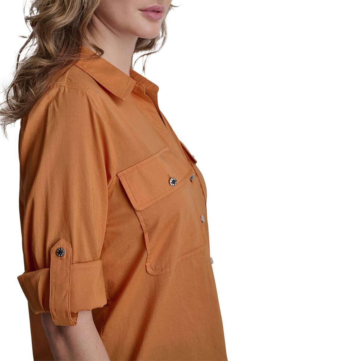 Womens DKNY Roll Tab Sleeve Solid Casual Button Down