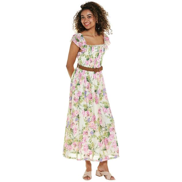 Juniors Wallflower Flutter Sleeve Smock Bodice Belted Maxi Dress
