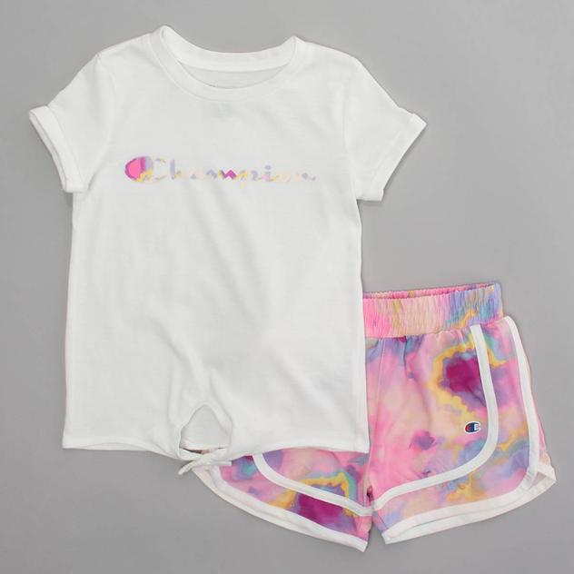 Girls (4-6x) Champion® Tie Front Marble Logo Tee & Shorts Set