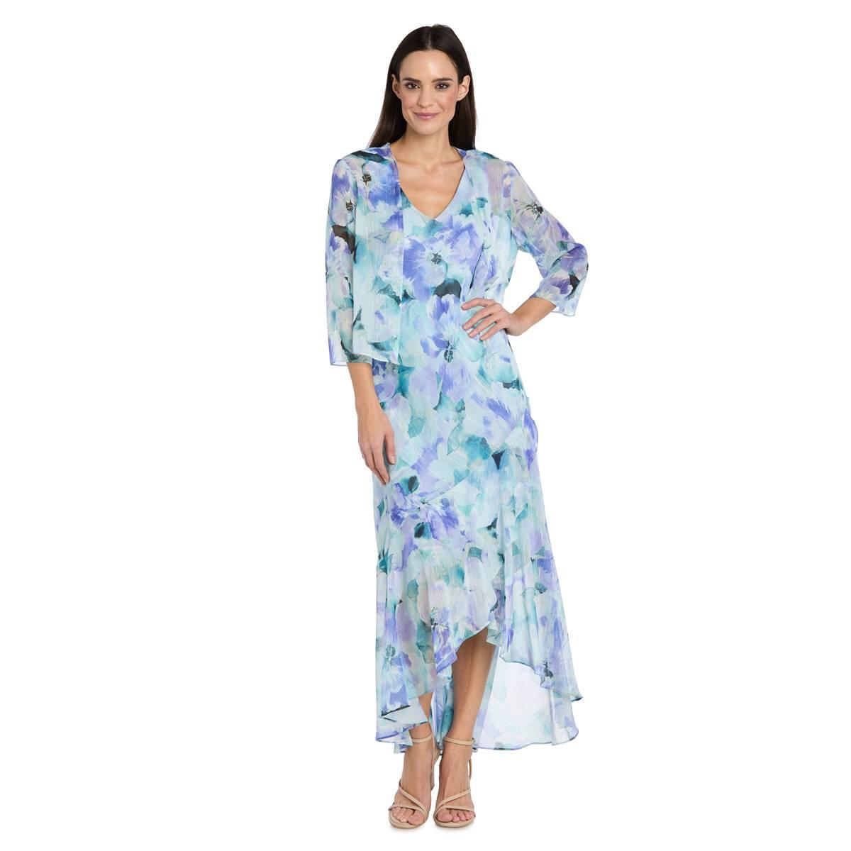 Womens R&M Richards 3/4 Sleeve Chiffon Floral Hi Low Jacket Dress