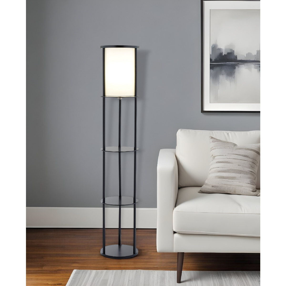 HomeRoots 63in. Black Wood Column Floor Lamp With Cylinder Shade