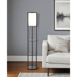 HomeRoots 63in. Black Wood Column Floor Lamp With Cylinder Shade