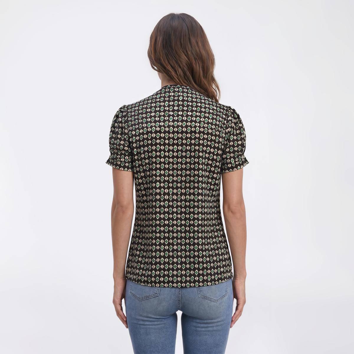 Petite AK Anne Klein Short Pleat Sleeve Geometric Blouse