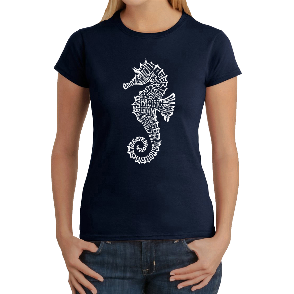 Womens LA Pop Art Types Of Seahorse Word Art T-Shirt