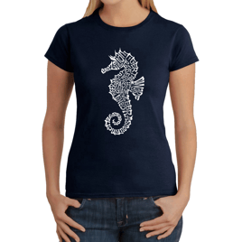 Womens LA Pop Art Types Of Seahorse Word Art T-Shirt