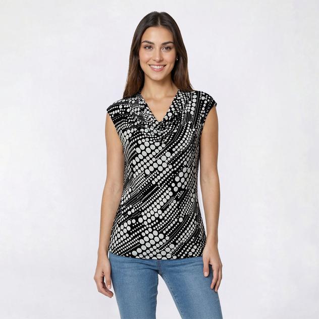 Petite Kasper Cap Sleeve Cowl Neck Linear Polka Dot Blouse