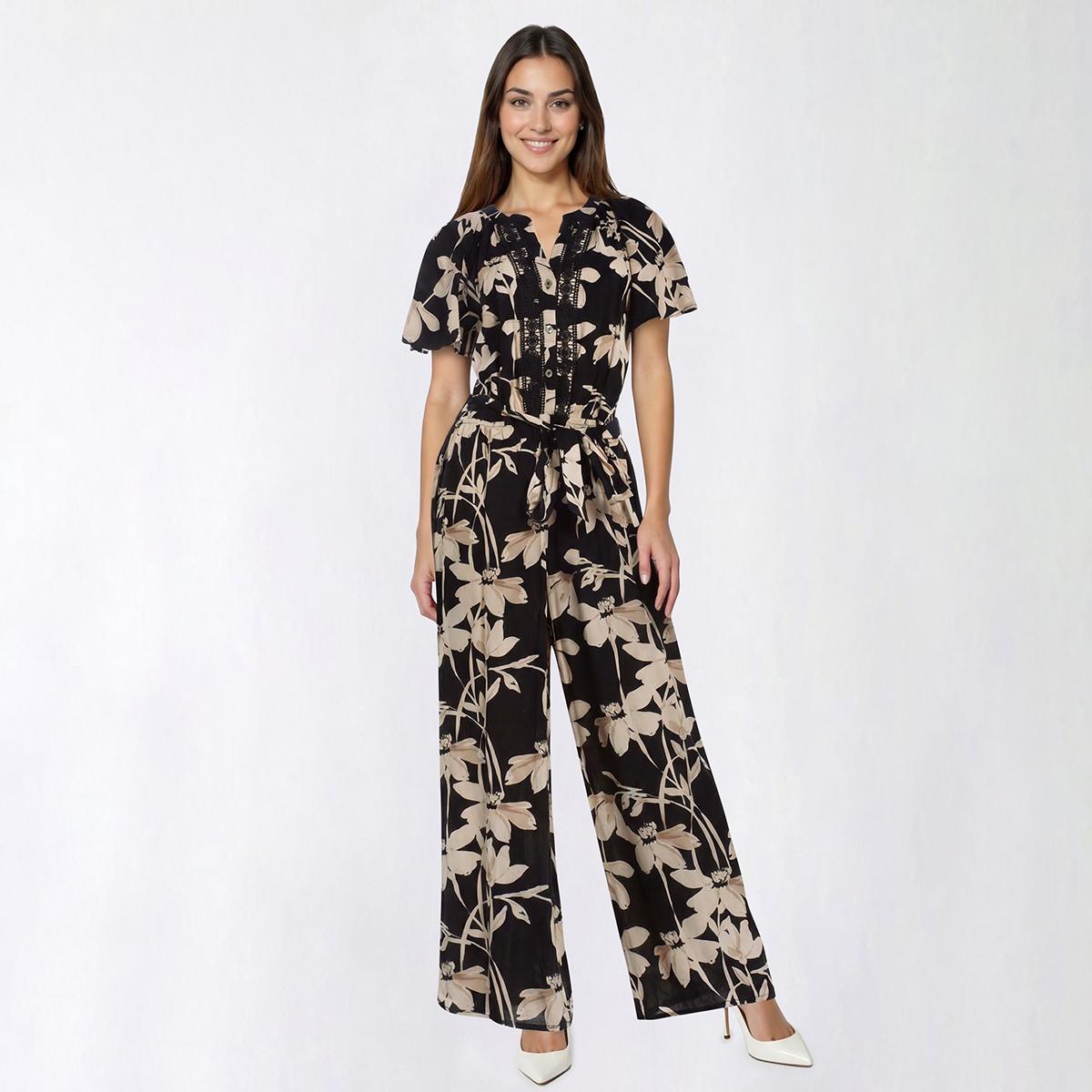 Womens Luxology Flutter Sleeve Crochet Trim Floral Jumpsuit