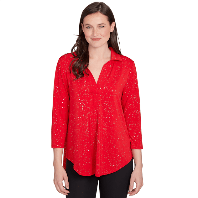 Petite Ruby Rd. Red Allure V Neck Metallic Speckled Blouse