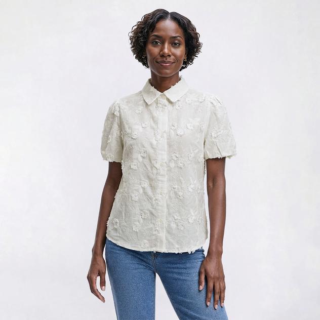 Womens Adrianna Papell Bubble Sleeve 3D Floral Blouse