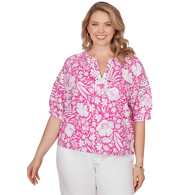 Plus Size Ruby Rd. Hothouse Florals Puff Sleeve Blouse