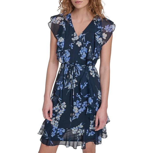 Womens Tommy Hilfiger Short Sleeve Blue Floral A-Line Dress