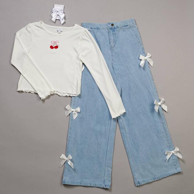 Girls (7-12) BTween® Long Sleeve Cherry Top w/ Wide Leg Bow Jeans