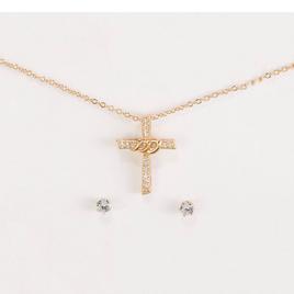 Gold-Tone Cubic Zirconia Pave Cross Pendant & Round Earrings Set