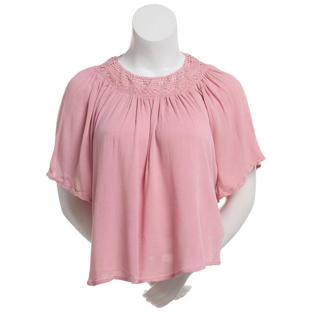 Petite Architect® Short Sleeve Crochet Yoke Gauze Blouse