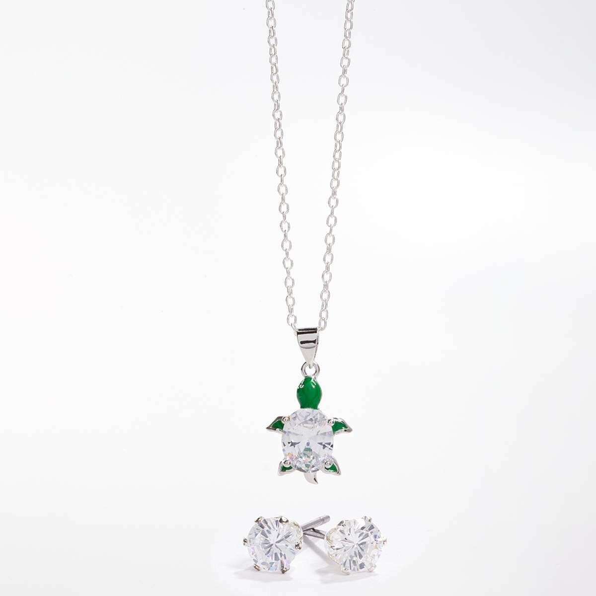 Silver-Tone CZ Turtle Pendant & Earring Set