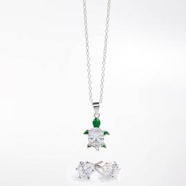 Silver-Tone CZ Turtle Pendant & Earring Set
