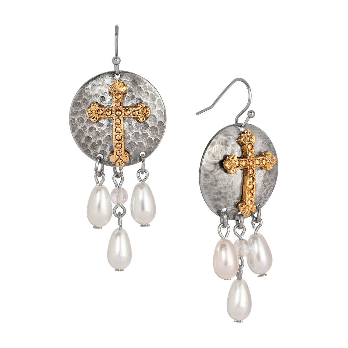 Symbols of Faith Two-Tone Cross With Faux Pearl Drop Earrings