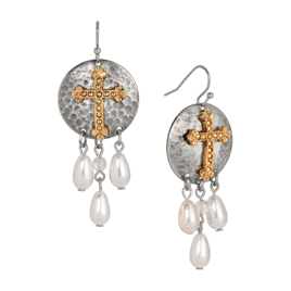 Symbols of Faith Two-Tone Cross With Faux Pearl Drop Earrings