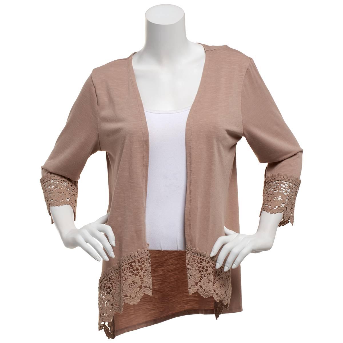 Plus Size Notations 3/4 Sleeve Crochet Trim Slub Knit Cardigan
