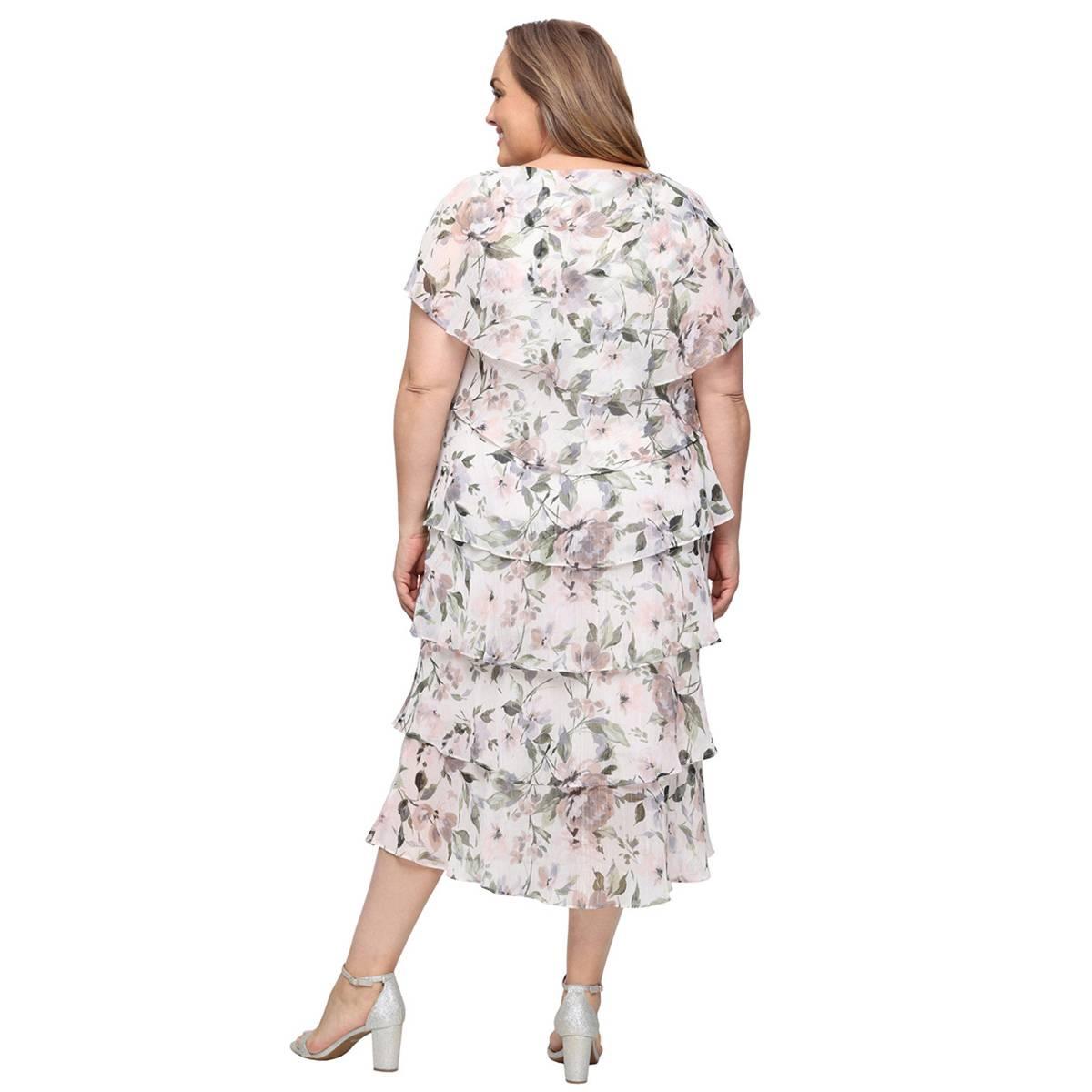Plus Size SLNY Short Sleeve Floral Chiffon Tiered Midi Dress