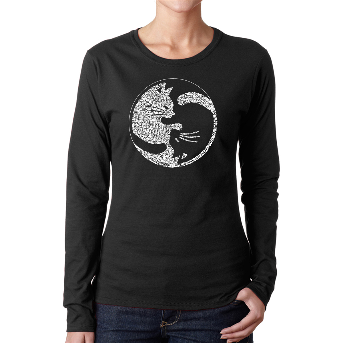 Womens LA Pop Art Yin Yang Cat - Word Art Long Sleeve T-Shirt