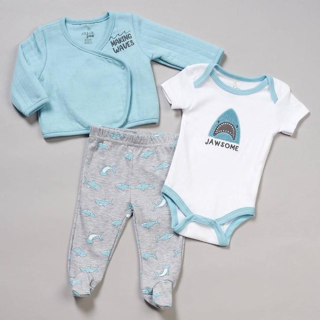 Baby Boy (NB-9M) Chick Pea® 3pc. Shark Quilted Cardigan Set