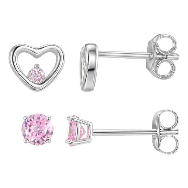 Sterling Silver CZ & Open Heart Stud Earring Set