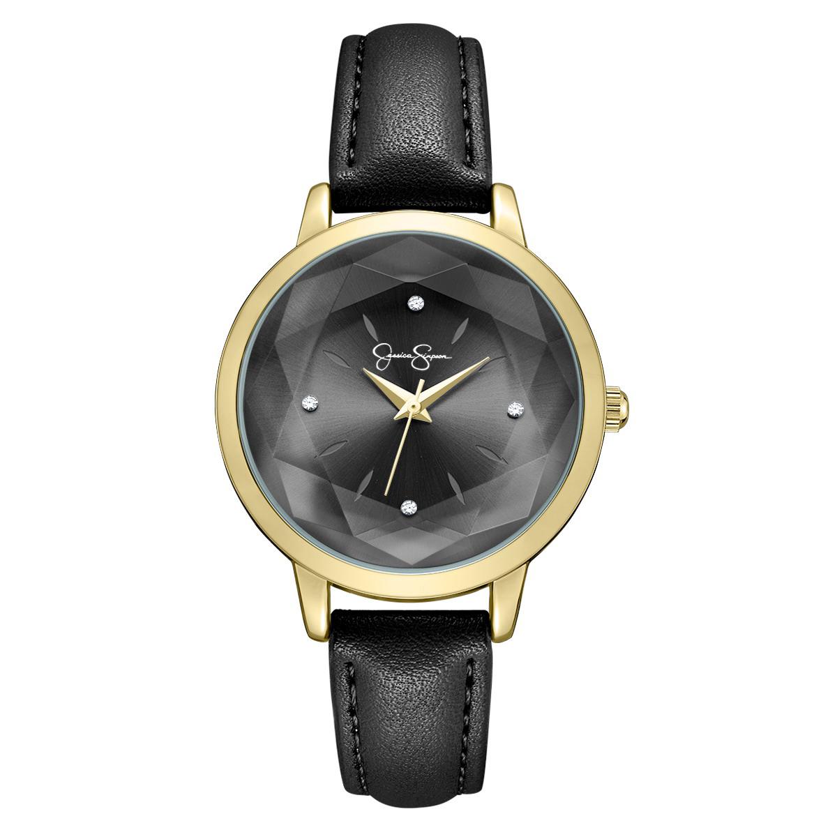 Womens Jessica Simpson Gold-Tone Faceted Bezel Watch - JS0109GDBK