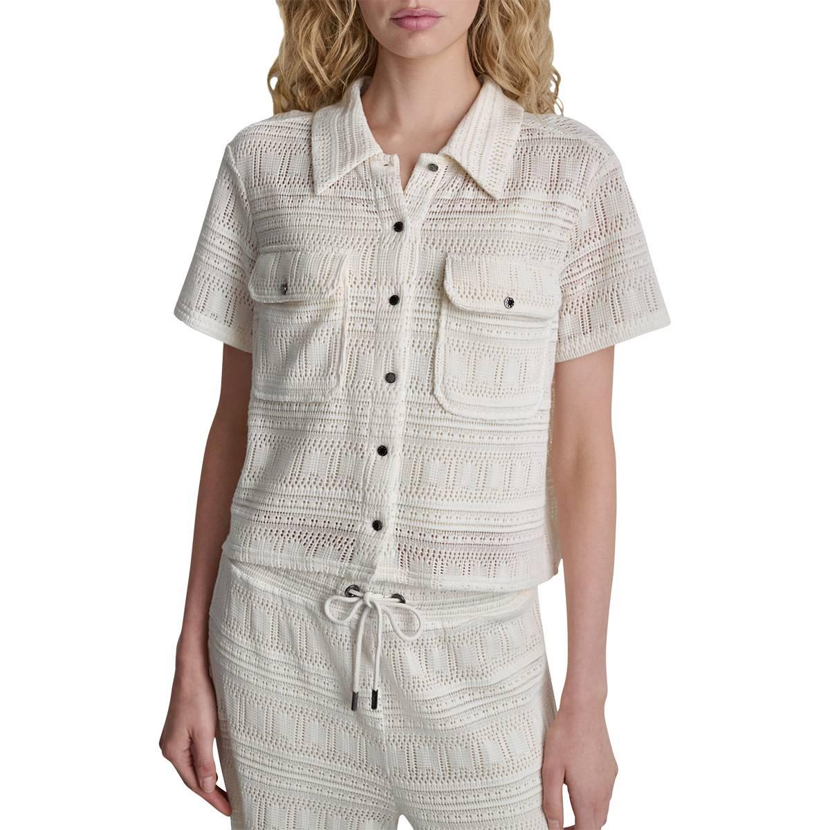 Womens DKNY Short Sleeve Pearl Knit Button Front Sweater