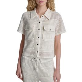 Womens DKNY Short Sleeve Pearl Knit Button Front Sweater