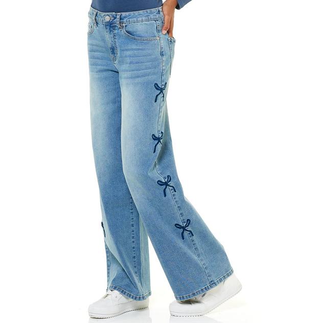 Juniors Madden Girl 90's Fit Wide Leg Embroidered Bows Jeans
