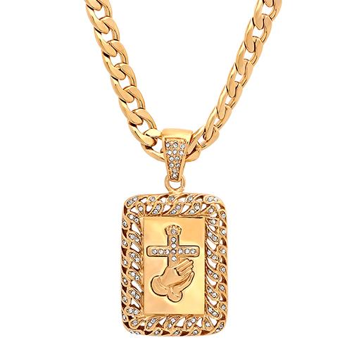 Mens Steeltime Gold Plated Prayer Hands & Cross Necklace