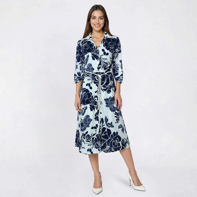 Womens Mlle Gabrielle Roll Tab Sleeve Floral Midi Shirtdress