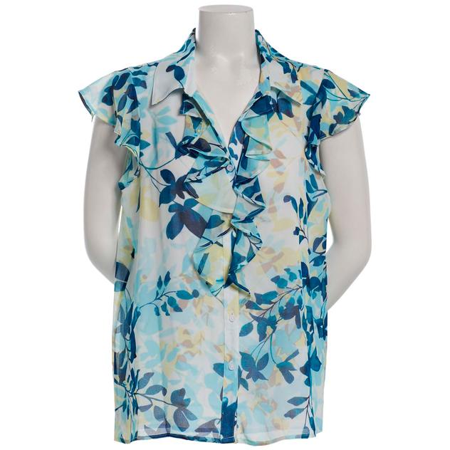 Womens Calvin Klein Ruffle Cap Sleeve Branch Leaf Blouse