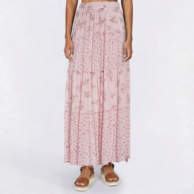 Juniors Pink Rose Gauze Floral Elastic Waist Tiered Skirt